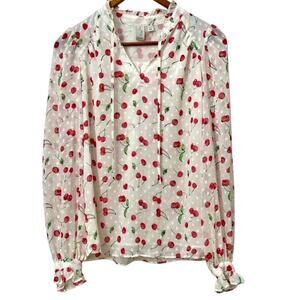 Cherry print, white chiffon, long sleeve size, medium lightweight shirt